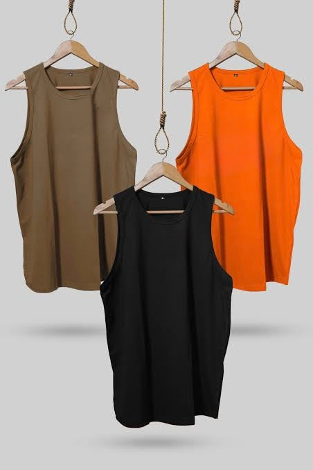 Pack of 3 Quotes Lycra Sleeveless t-shirts (Orange, Black, Brown)